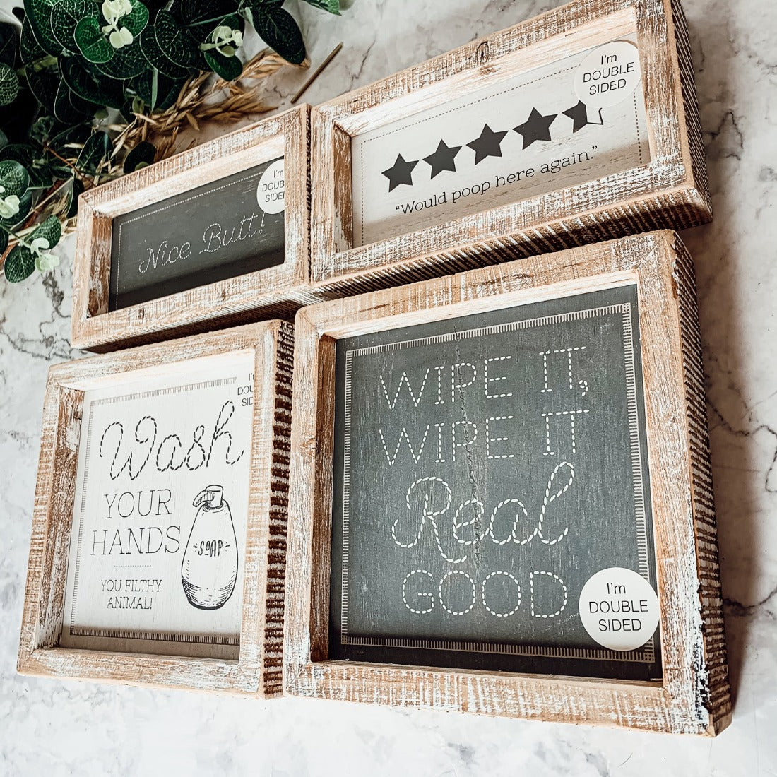 Funny Double-Sided Wooden Bathroom Sign - Wipe It Real Good, Wash Your Hands