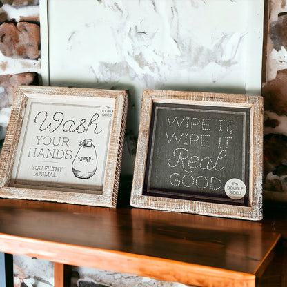 Funny Double-Sided Wooden Bathroom Sign - Wipe It Real Good, Wash Your Hands