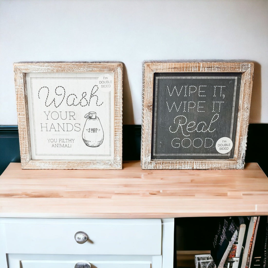 Funny Double-Sided Wooden Bathroom Sign - Wipe It Real Good, Wash Your Hands