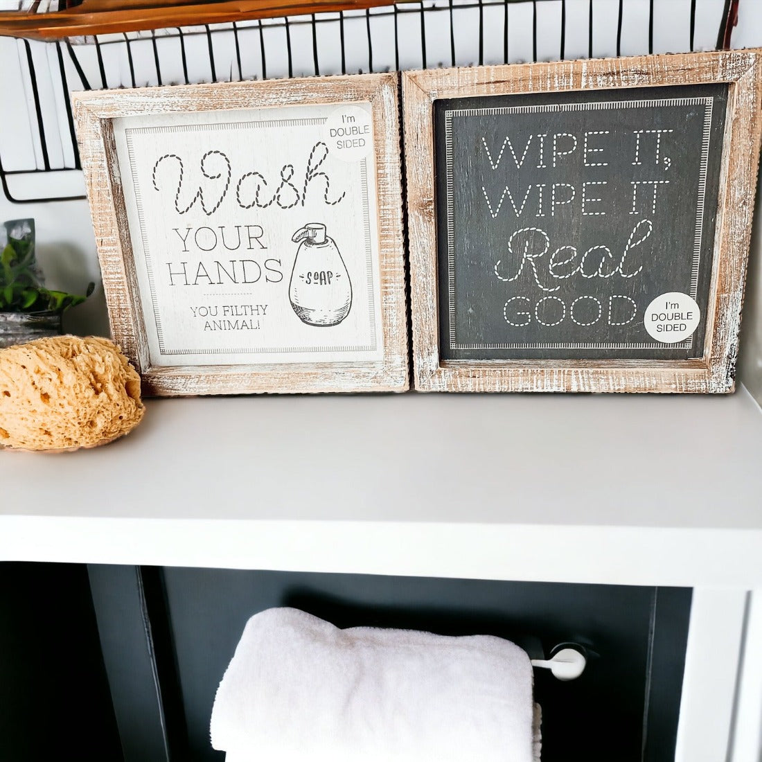 Funny Double-Sided Wooden Bathroom Sign - Wipe It Real Good, Wash Your Hands