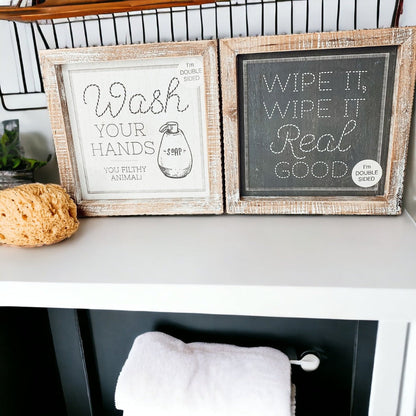 Funny Double-Sided Wooden Bathroom Sign - Wipe It Real Good, Wash Your Hands