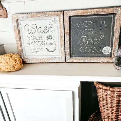 Funny Double-Sided Wooden Bathroom Sign - Wipe It Real Good, Wash Your Hands