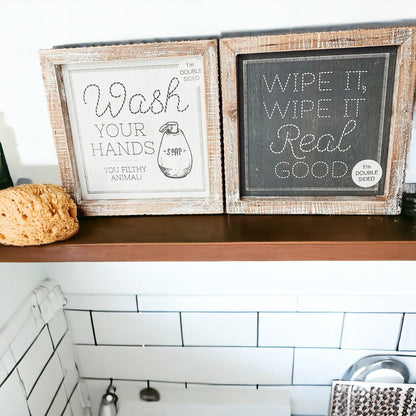 Funny Double-Sided Wooden Bathroom Sign - Wipe It Real Good, Wash Your Hands