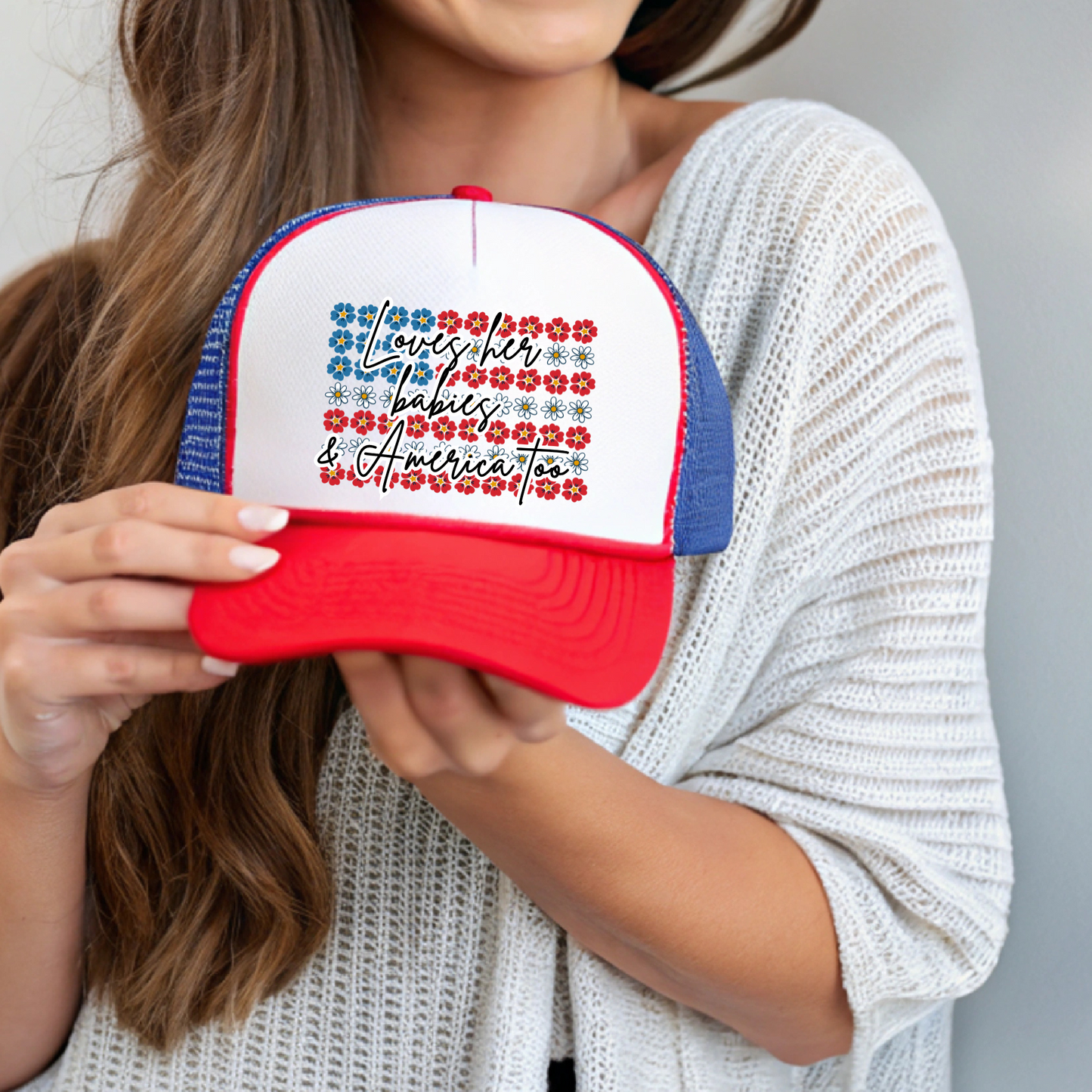 Loves Her Babies and America Too, Patriotic Teacher Trucker Hat, Otto Cap