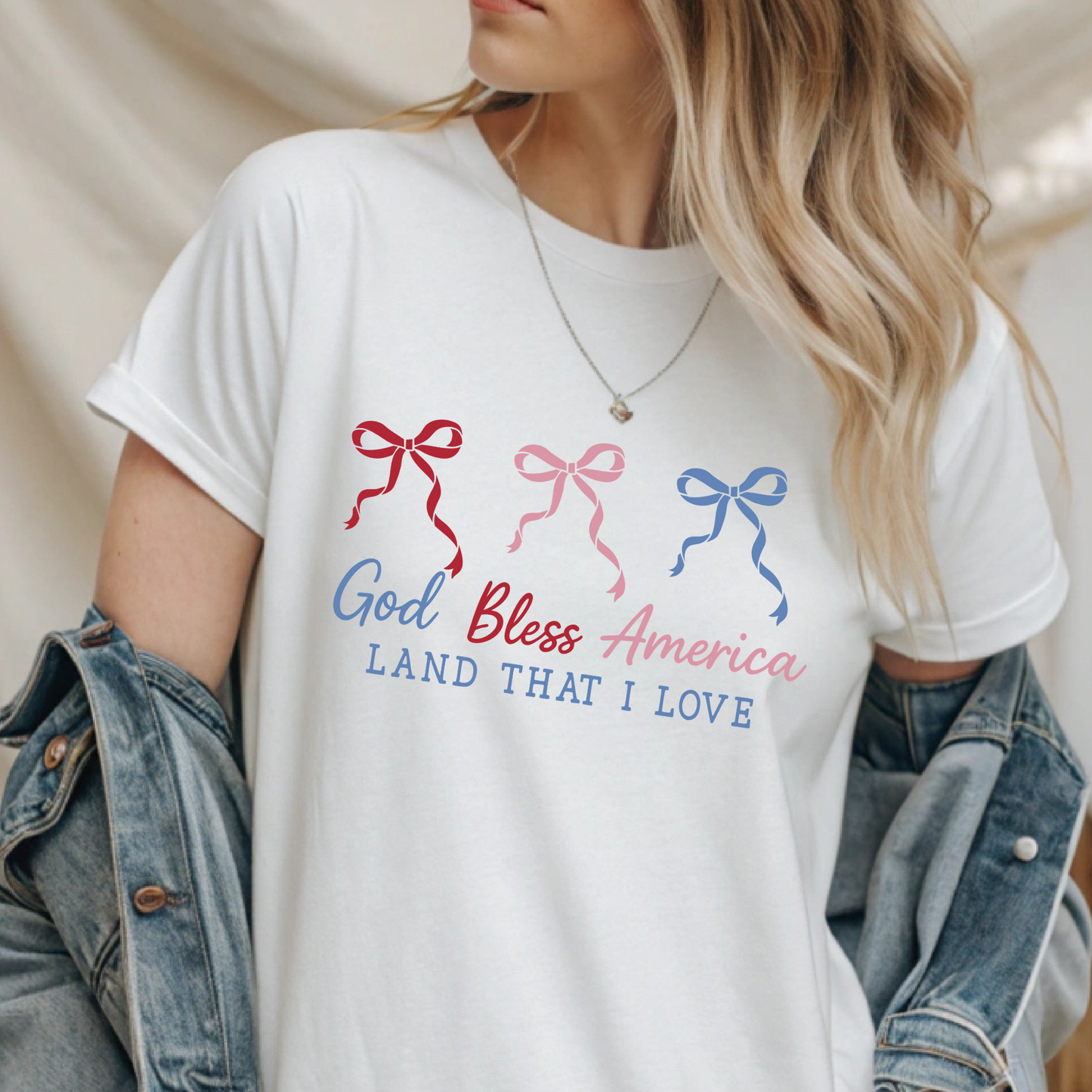 God Bless America Coquette Bow, Patriotic Apparel, T-Shirt, Long Sleeve, Crewneck, Hoodie