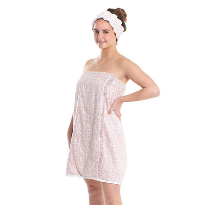 Leopard Print Spa Wrap and Headband Set - Cotton Terry Cloth, One Size