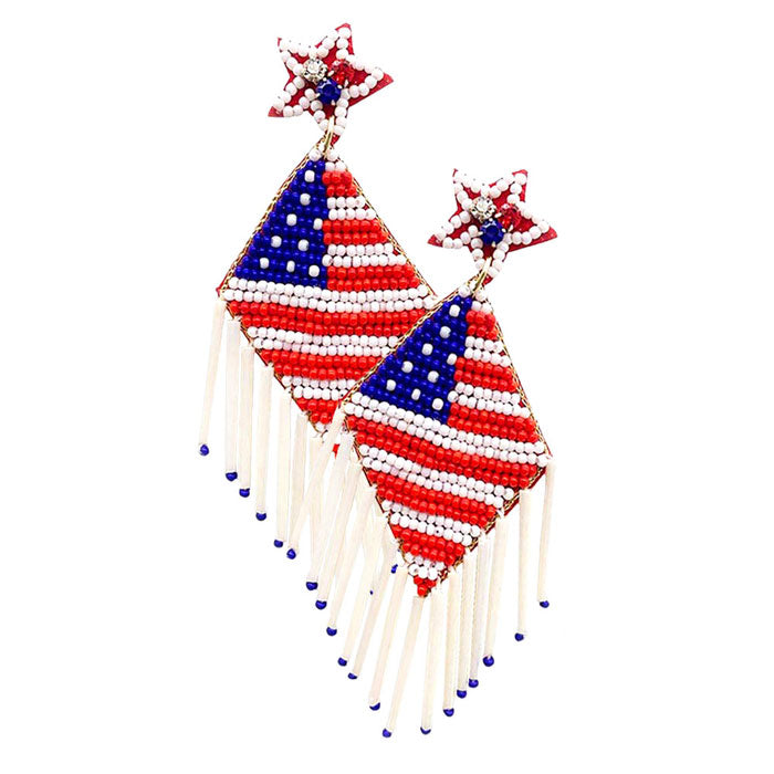 USA Flag Fringe Dangle Earrings - Patriotic Felt Back Seed Beaded Earrings