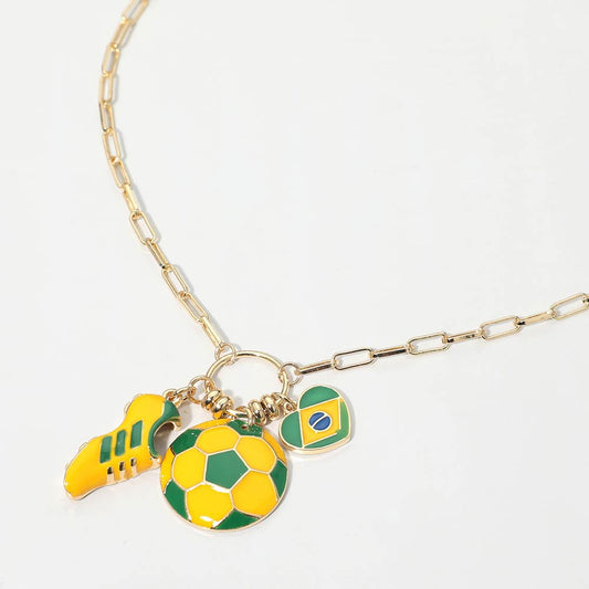 Brazil Soccer Ball Shoe Heart Charm Toggle Pendant Paperclip Chain Necklace