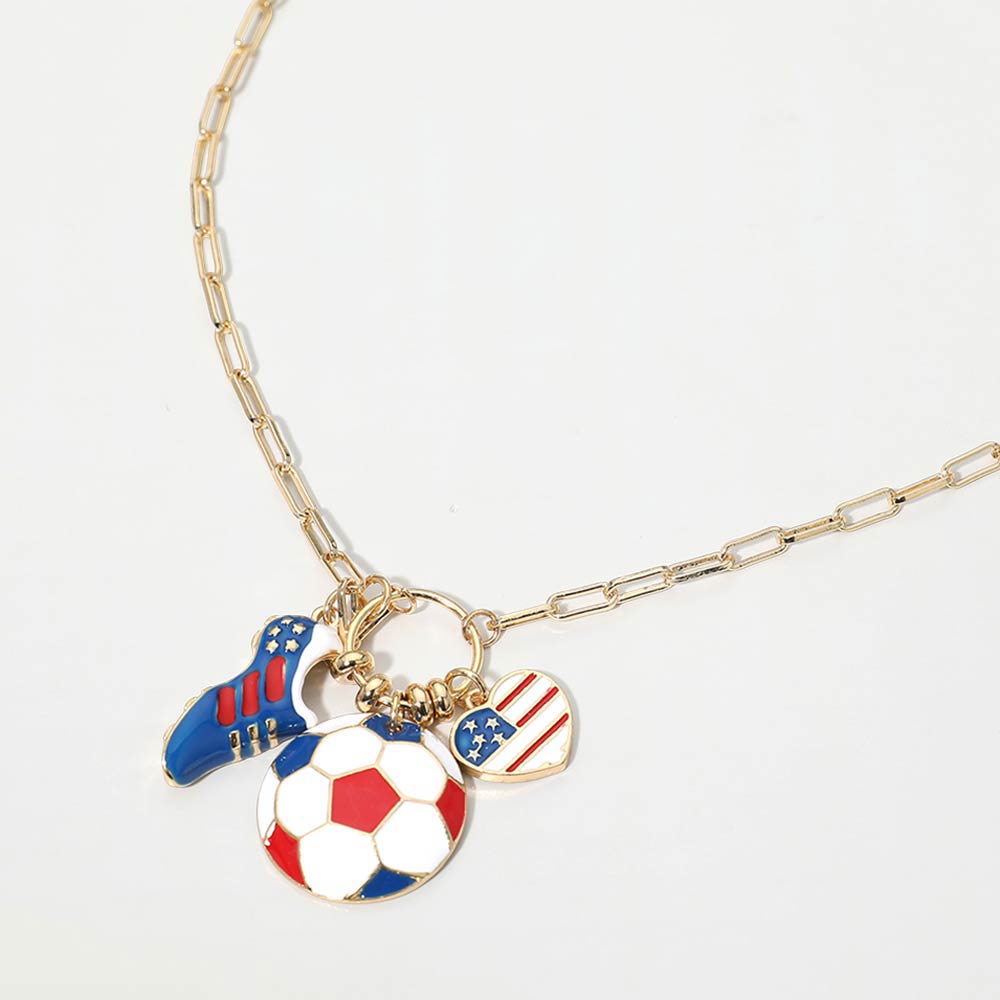 USA Soccer Charm Necklace - Patriotic Soccer Ball, Shoe and Heart Toggle Pendant Paperclip Chain