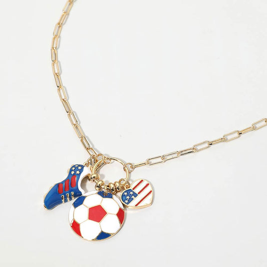 USA Soccer Charm Necklace - Patriotic Soccer Ball, Shoe and Heart Toggle Pendant Paperclip Chain
