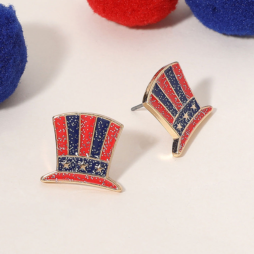 Patriotic USA Flag Top Hat Stud Earrings - Sparkly Enamel, Gold Multi