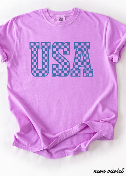 Checkered USA Tee, 12 Colors, Comfort Colors Screen Print