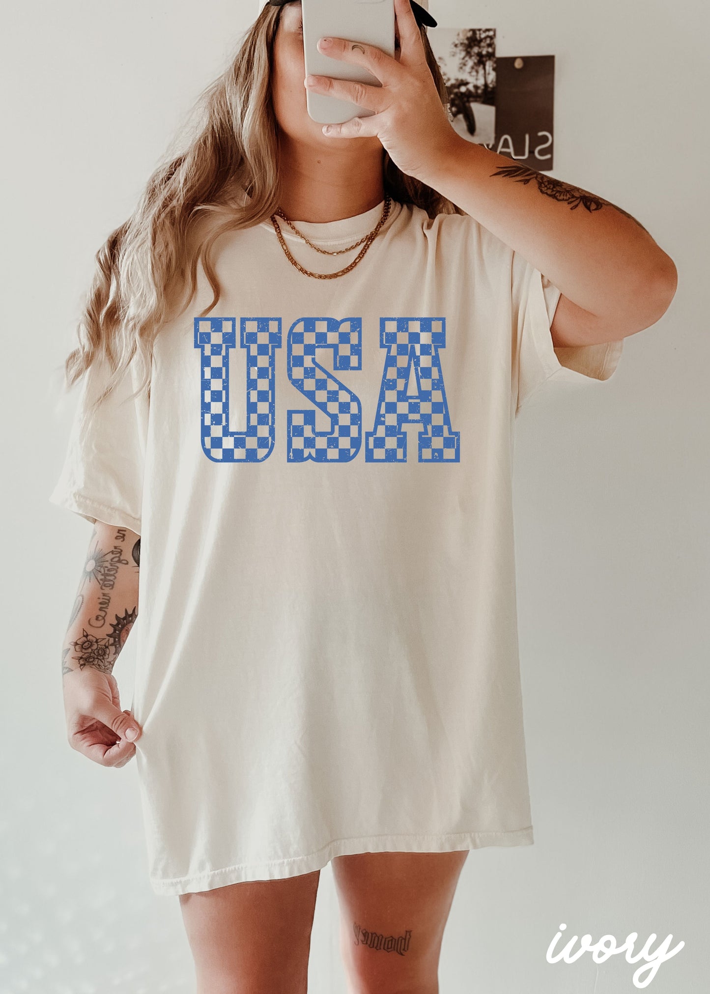 Checkered USA Tee, 12 Colors, Comfort Colors Screen Print