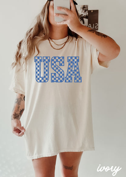 Checkered USA Tee, 12 Colors, Comfort Colors Screen Print