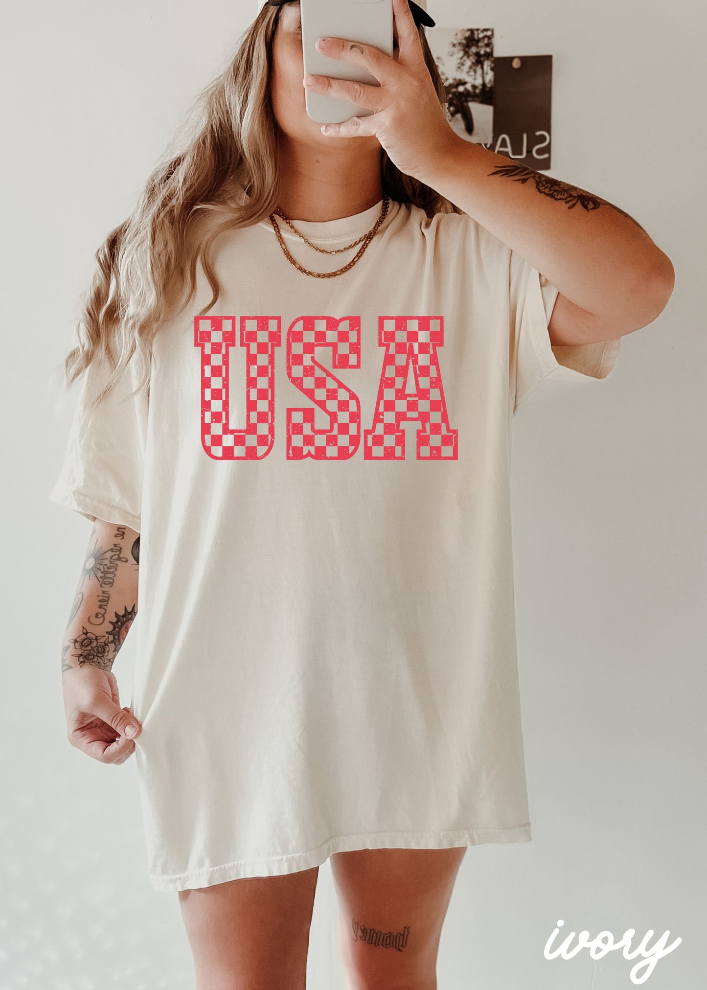 Checkered USA Tee, 12 Colors, Comfort Colors Screen Print