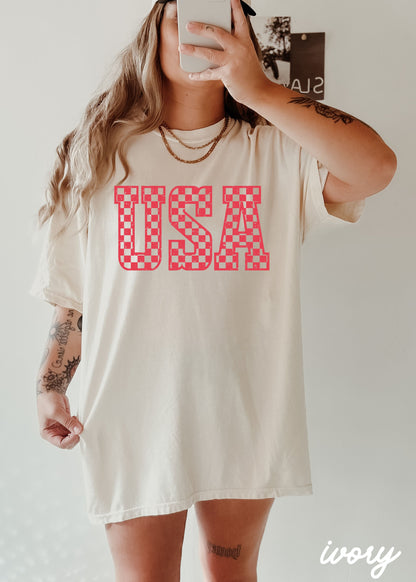 Checkered USA Tee, 12 Colors, Comfort Colors Screen Print