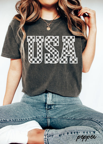 Checkered USA Tee, 12 Colors, Comfort Colors Screen Print