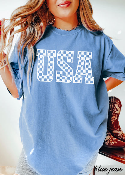 Checkered USA Tee, 12 Colors, Comfort Colors Screen Print