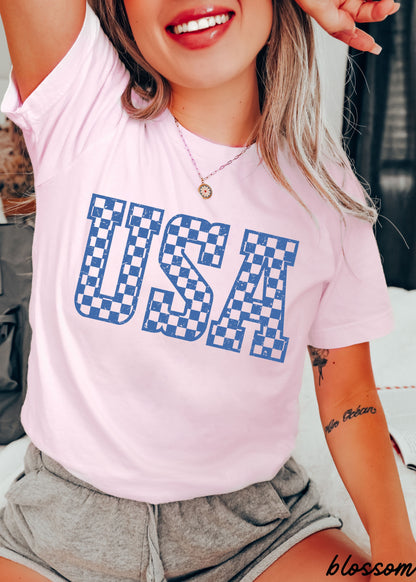 Checkered USA Tee, 12 Colors, Comfort Colors Screen Print