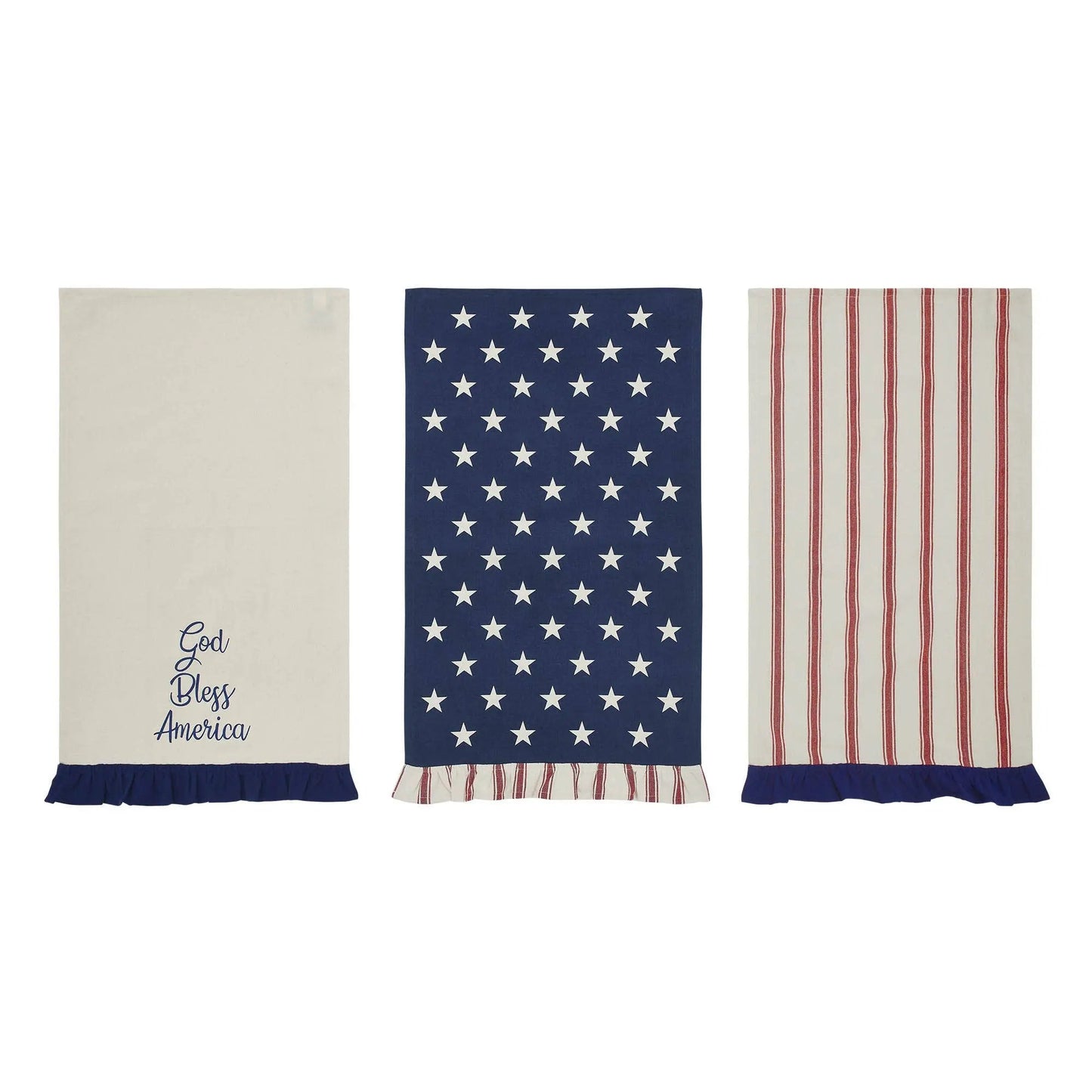 Patriotic Ruffled Tea Towel Set of 3 - Hatteras Stars, 16" x 28", Americana