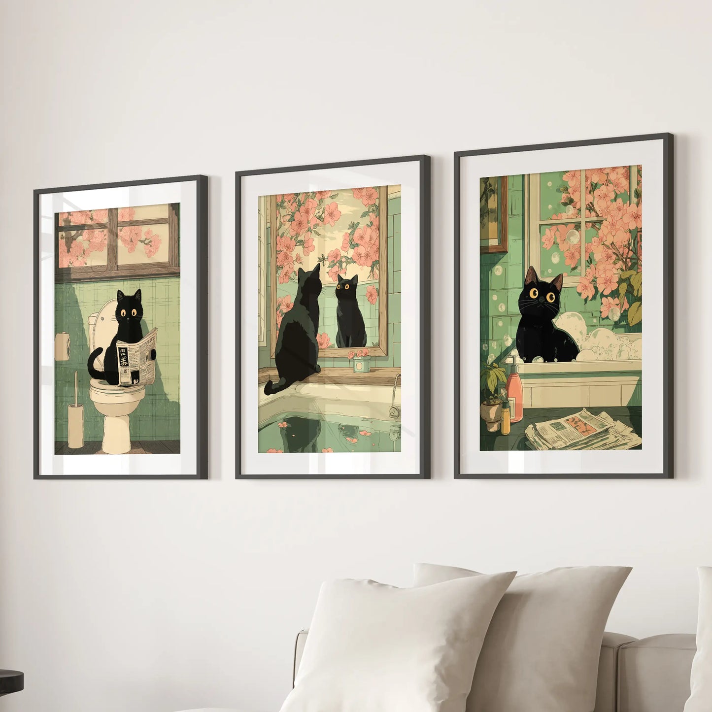 Japanese Cat Wall Art Set of 3, Whimsical Bathroom and Bedroom Decor Prints