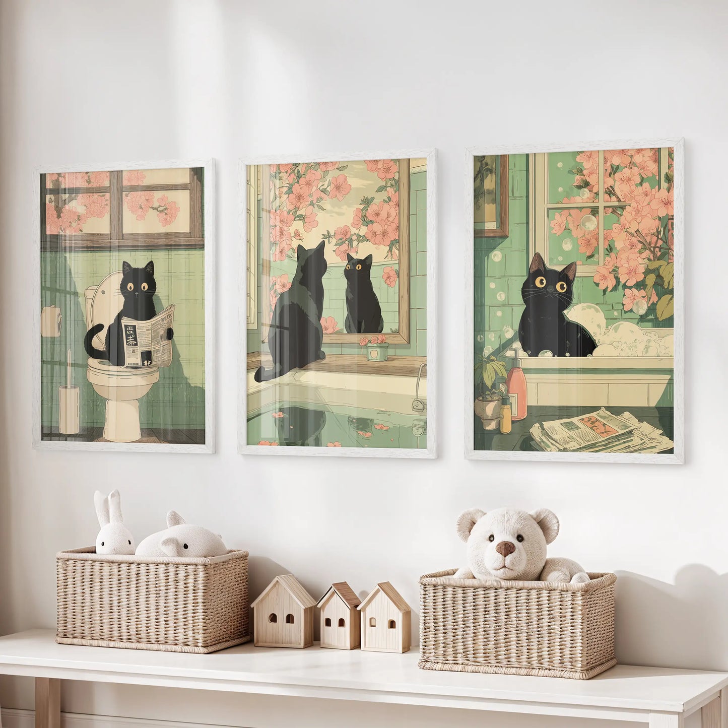 Japanese Cat Wall Art Set of 3, Whimsical Bathroom and Bedroom Decor Prints