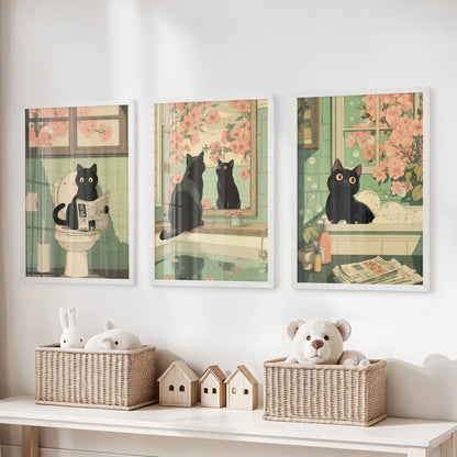 Japanese Cat Wall Art Set of 3, Whimsical Bathroom and Bedroom Decor Prints