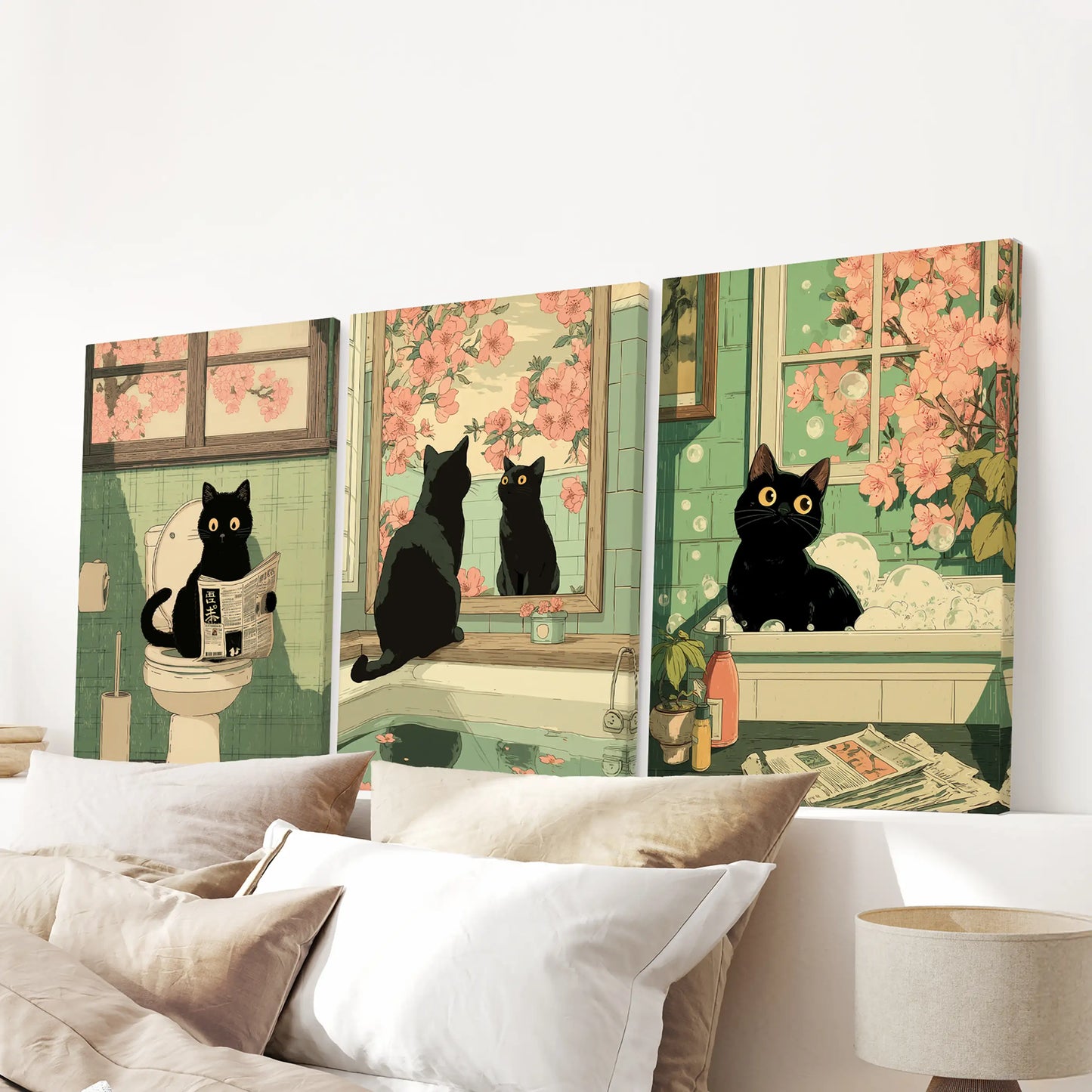 Japanese Cat Wall Art Set of 3, Whimsical Bathroom and Bedroom Decor Prints