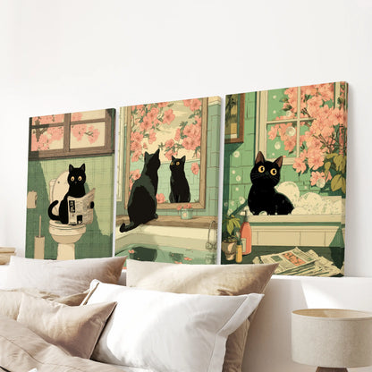 Japanese Cat Wall Art Set of 3, Whimsical Bathroom and Bedroom Decor Prints