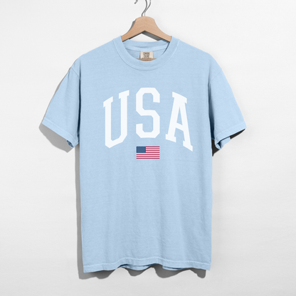 USA Varsity Graphic Tee White Letter Patriotic Shirt