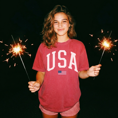 USA Varsity Graphic Tee White Letter Patriotic Shirt