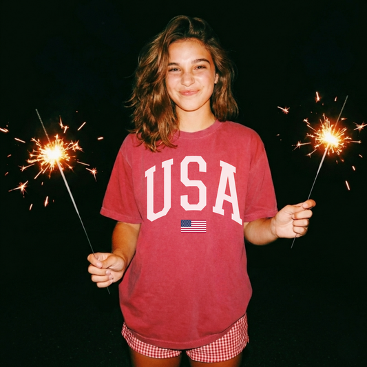 USA Varsity Graphic Tee White Letter Patriotic Shirt