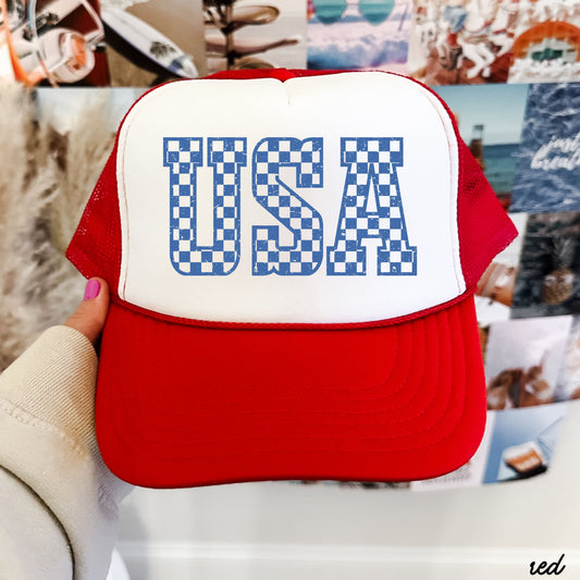 Checkered USA Trucker Hat, 10 Colors, Patriotic Trucker Cap