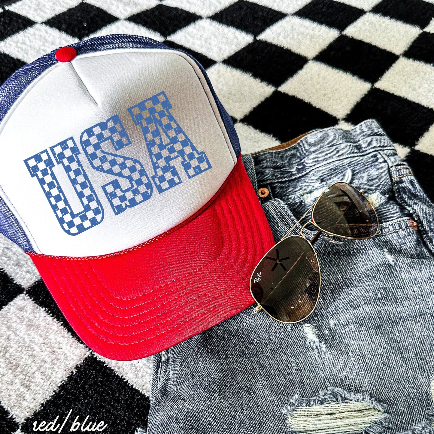 Checkered USA Trucker Hat, 10 Colors, Patriotic Trucker Cap