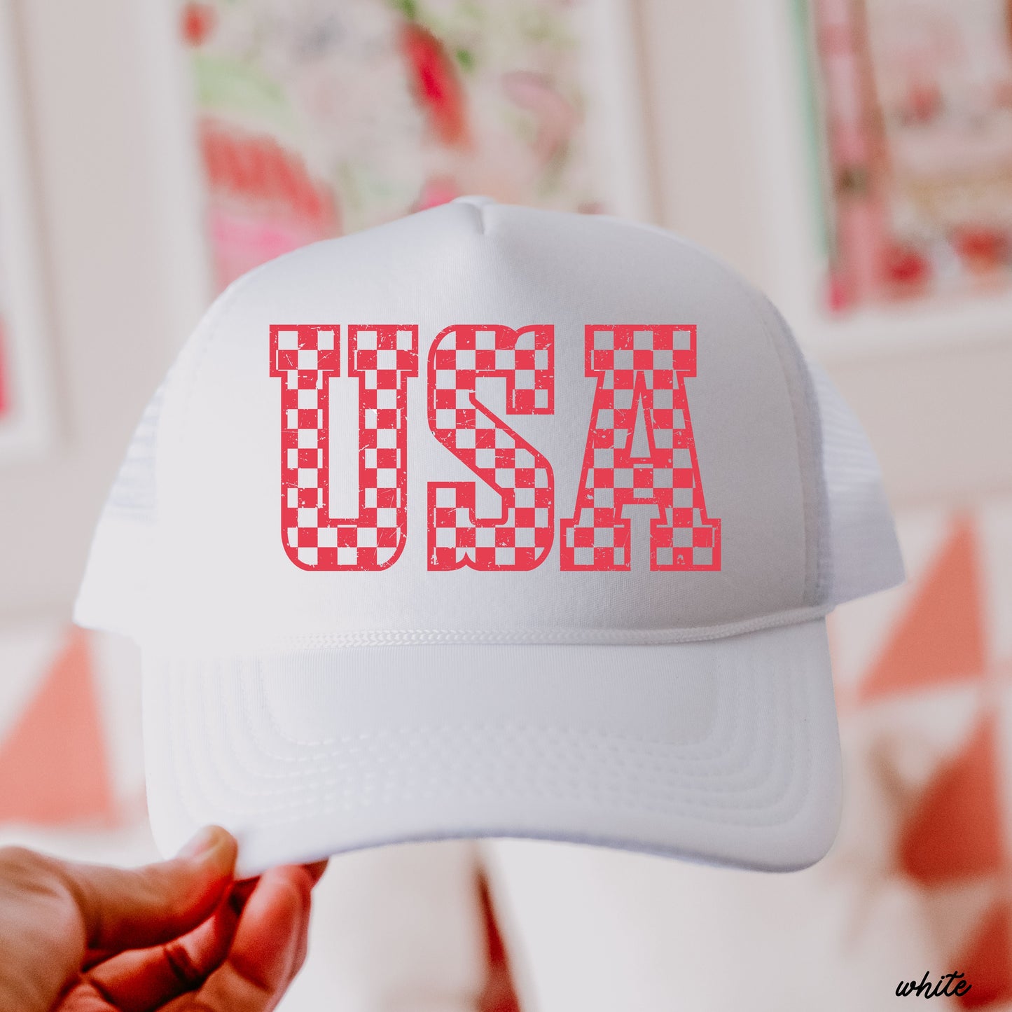 Checkered USA Trucker Hat, 10 Colors, Patriotic Trucker Cap