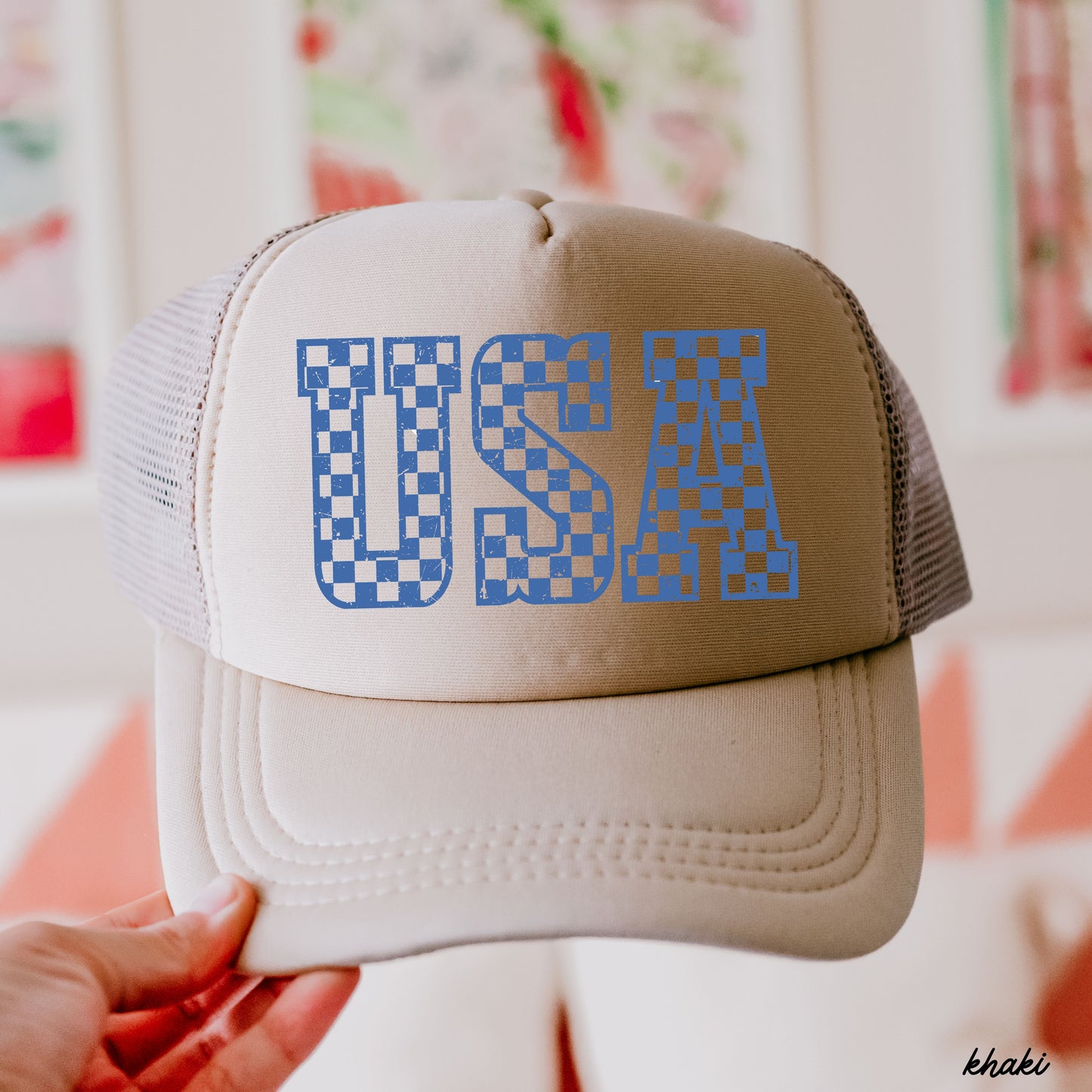 Checkered USA Trucker Hat, 10 Colors, Patriotic Trucker Cap