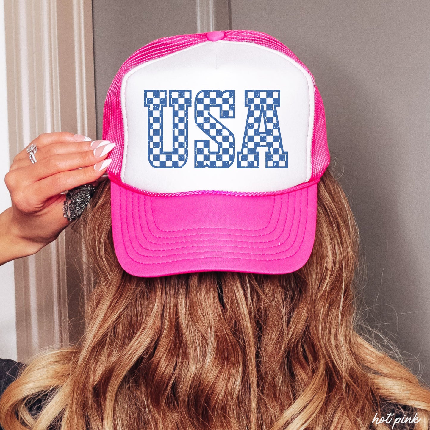 Checkered USA Trucker Hat, 10 Colors, Patriotic Trucker Cap