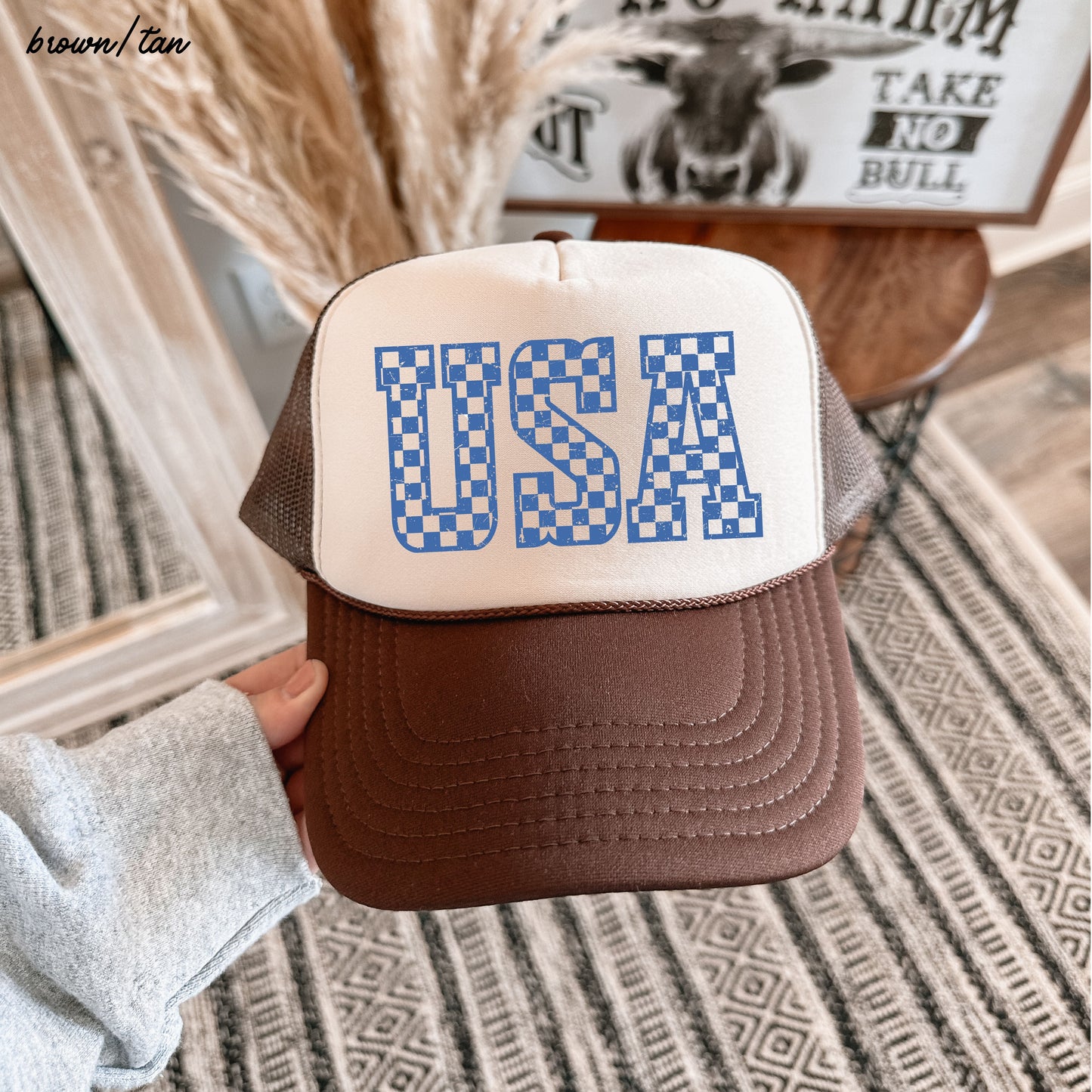 Checkered USA Trucker Hat, 10 Colors, Patriotic Trucker Cap