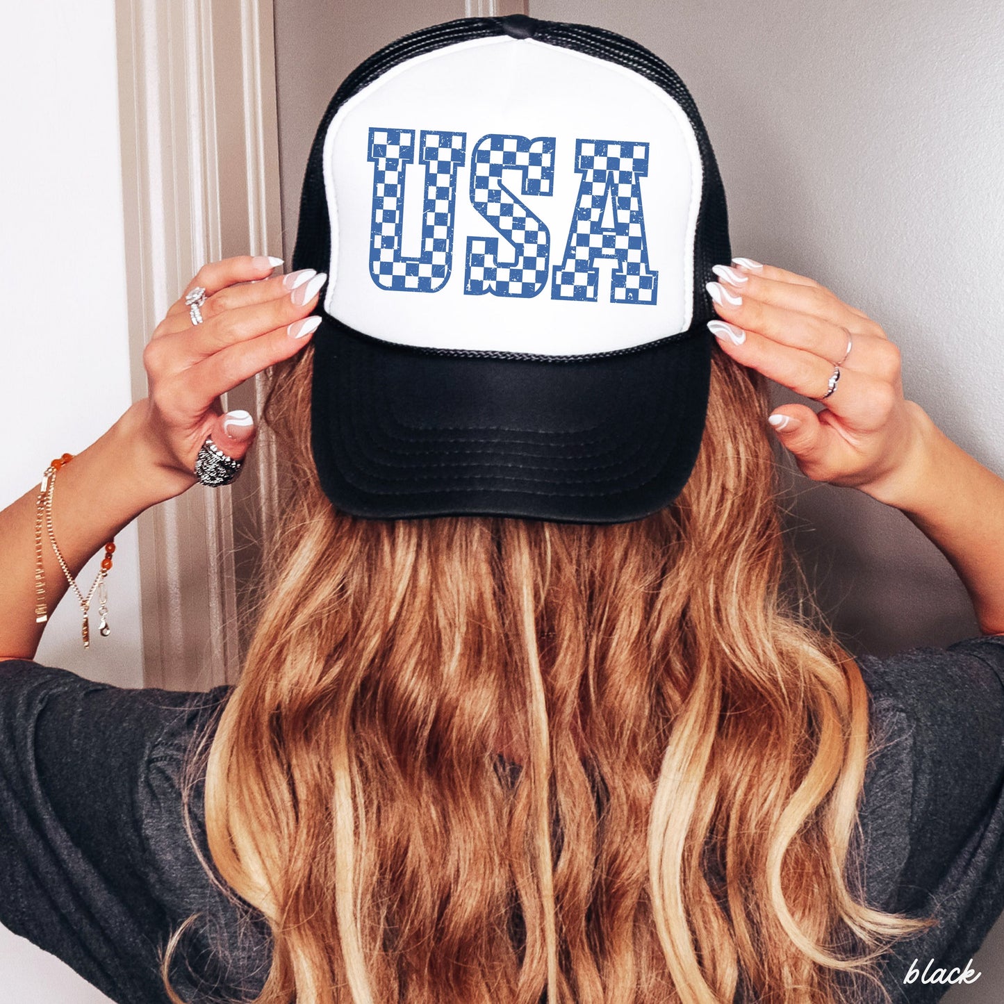 Checkered USA Trucker Hat, 10 Colors, Patriotic Trucker Cap