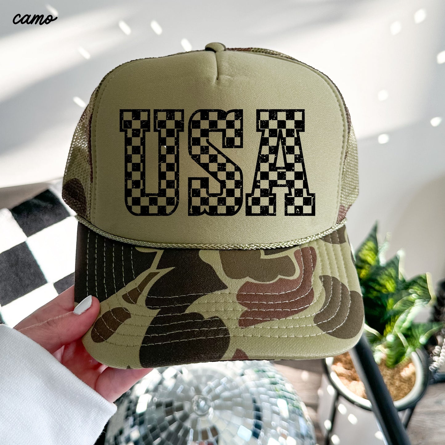 Checkered USA Trucker Hat, 10 Colors, Patriotic Trucker Cap