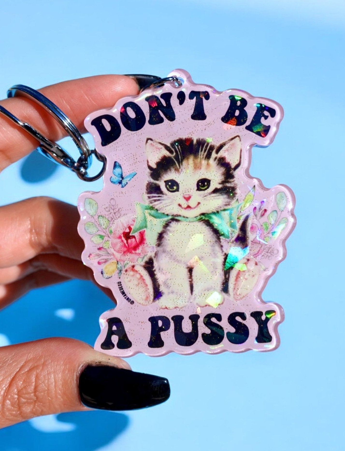 Don't Be a Pussy Holographic Glitter Keychain, Funny Acrylic Keychain