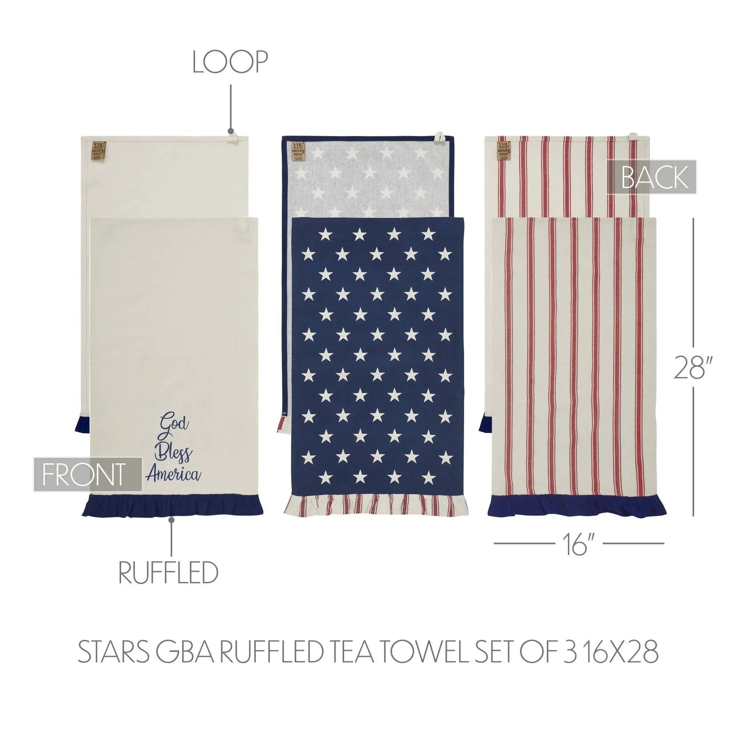 Patriotic Ruffled Tea Towel Set of 3 - Hatteras Stars, 16" x 28", Americana
