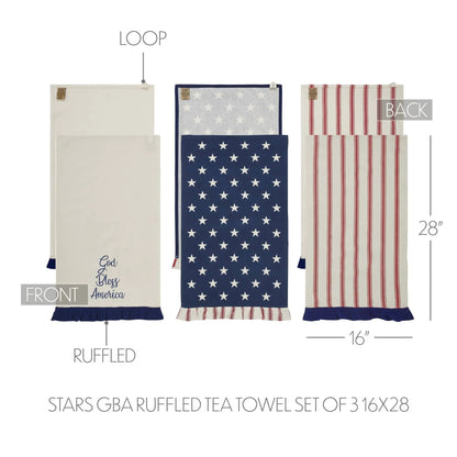 Patriotic Ruffled Tea Towel Set of 3 - Hatteras Stars, 16" x 28", Americana
