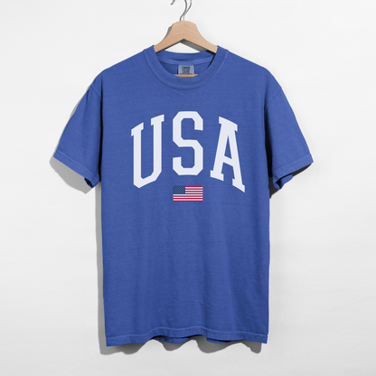 USA Varsity Graphic Tee White Letter Patriotic Shirt