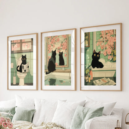 Japanese Cat Wall Art Set of 3, Whimsical Bathroom and Bedroom Decor Prints