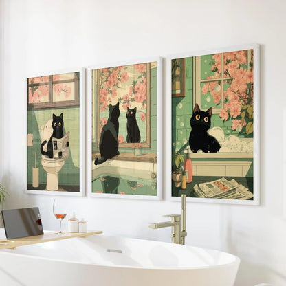 Japanese Cat Wall Art Set of 3, Whimsical Bathroom and Bedroom Decor Prints