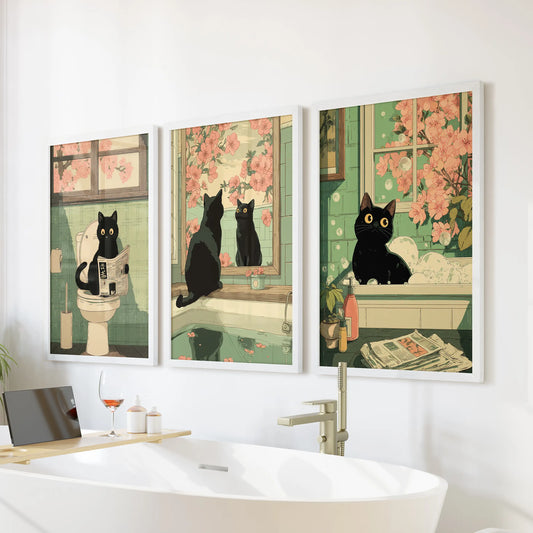 Japanese Cat Wall Art Set of 3, Whimsical Bathroom and Bedroom Decor Prints