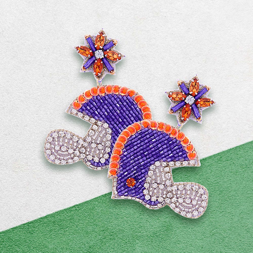 Football Helmet Dangle Earrings - Game Day Felt Back Stone Beaded Earrings