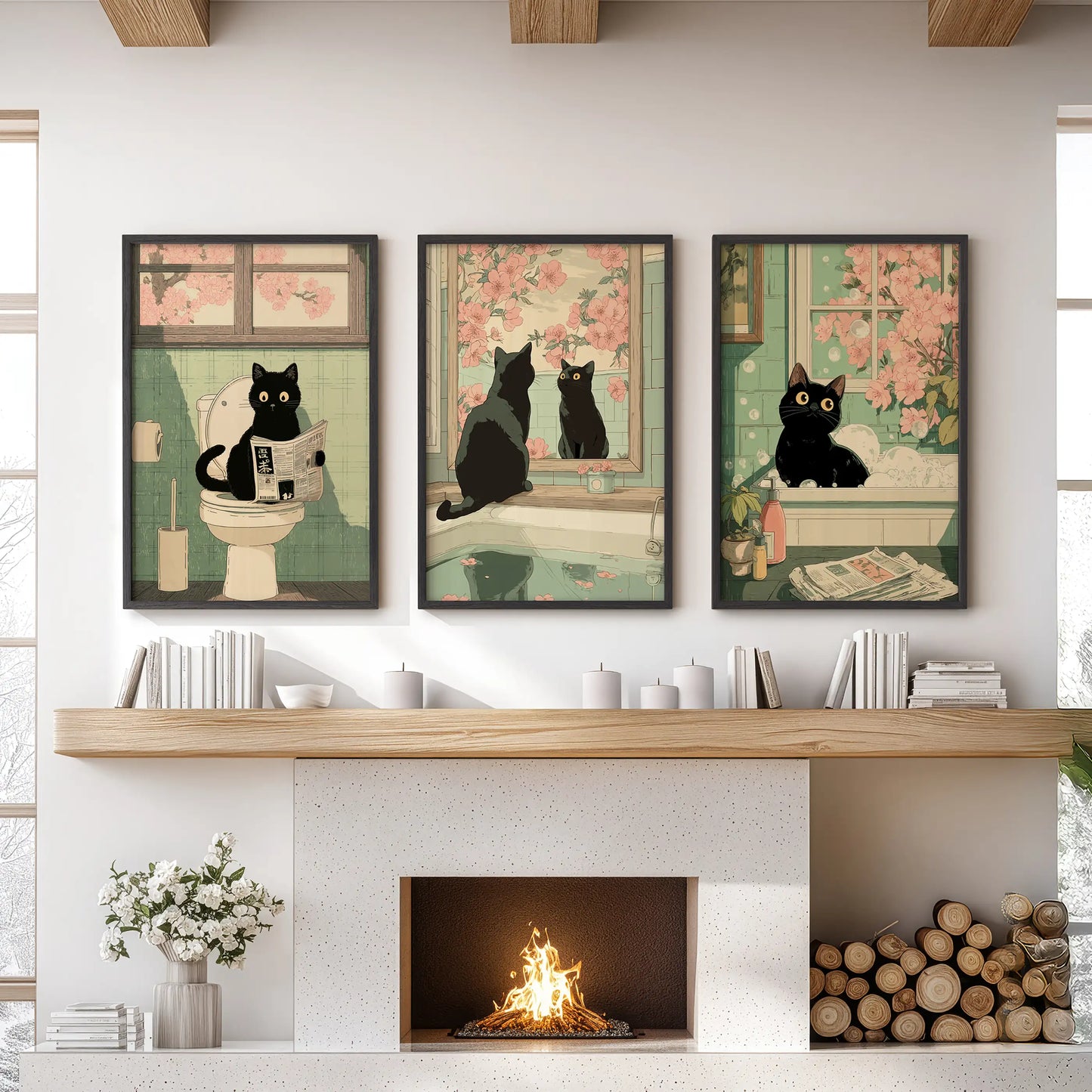 Japanese Cat Wall Art Set of 3, Whimsical Bathroom and Bedroom Decor Prints
