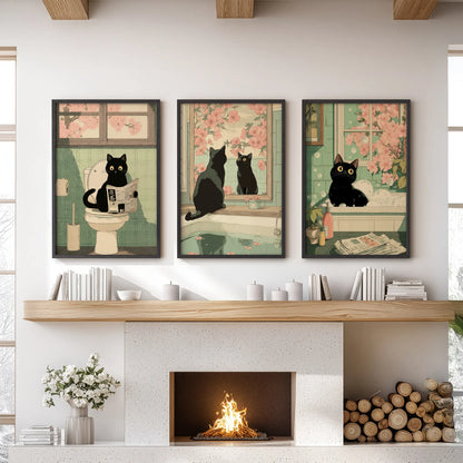 Japanese Cat Wall Art Set of 3, Whimsical Bathroom and Bedroom Decor Prints